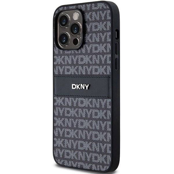 DKNY Lederhülle Monostreifen Metalllogo iPhone 14 Pro – Schwarz