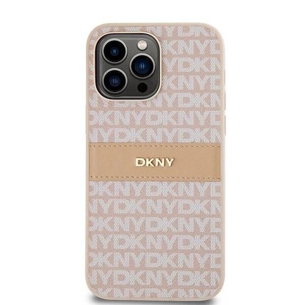 DKNY Lederhülle Monostreifen Metalllogo iPhone 14 Pro Max – Rosa