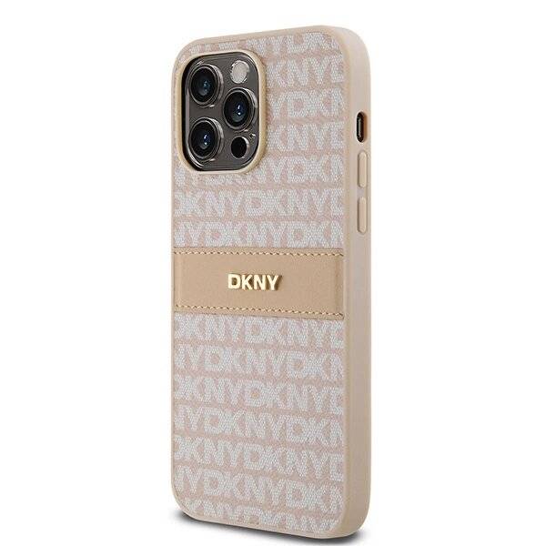 DKNY Leder-Monostreifen- Metall-Logo-Hülle iPhone 14 Pro – Rosa