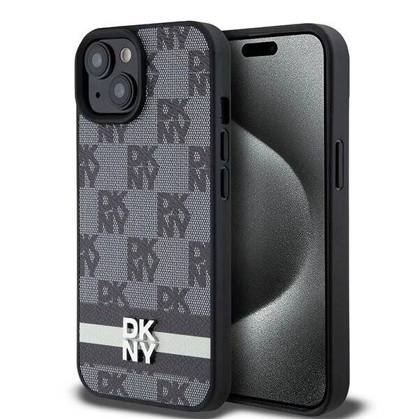 DKNY Lederhülle kariertem Monomuster bedruckten Streifen iPhone 15 Plus / 14 – Schwarz