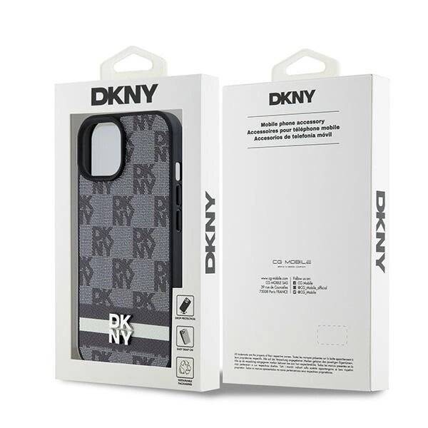 DKNY Lederhülle kariertem Monomuster bedruckten Streifen iPhone 15/14/13 – Schwarz
