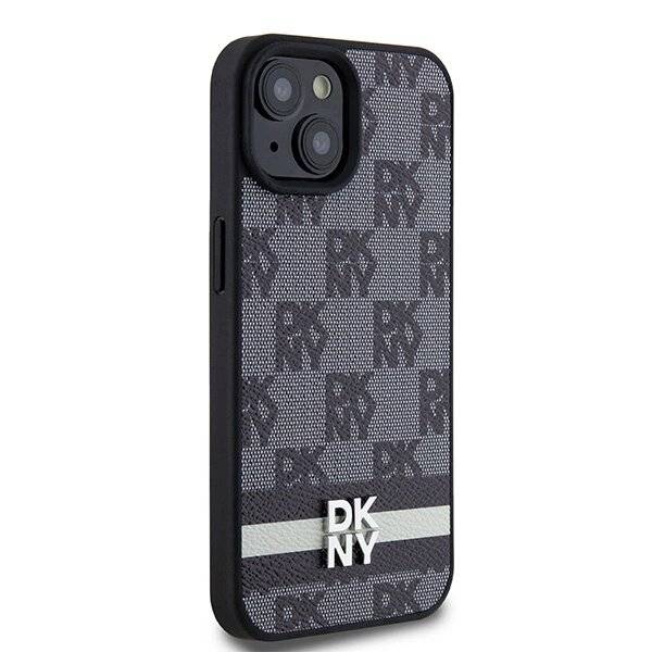 DKNY Lederhülle kariertem Monomuster bedruckten Streifen iPhone 15 Plus / 14 – Schwarz