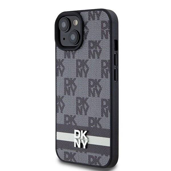 DKNY Lederhülle kariertem Monomuster bedruckten Streifen iPhone 15 Plus / 14 – Schwarz