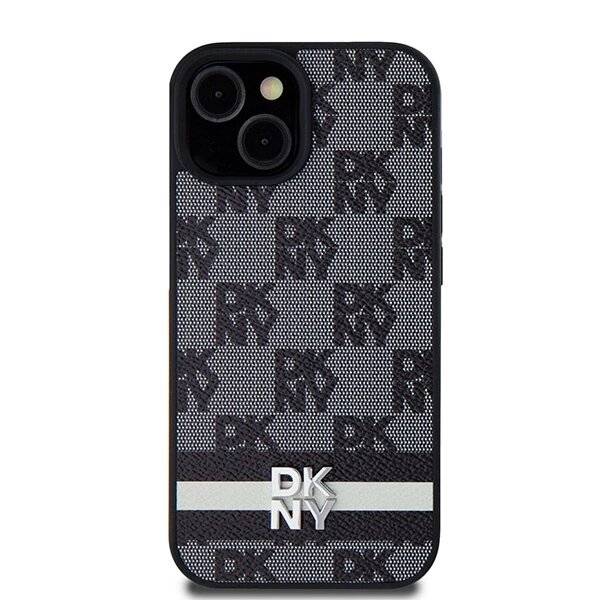 DKNY Lederhülle kariertem Monomuster bedruckten Streifen iPhone 15 Plus / 14 – Schwarz