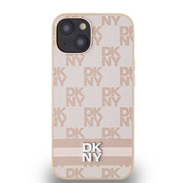 DKNY Lederhülle kariertem Monomuster bedruckten Streifen iPhone 15 Plus / 14 – Rosa