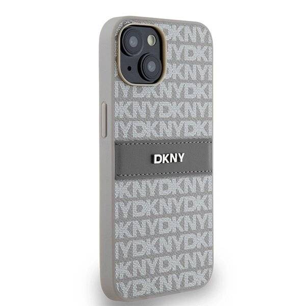 DKNY Lederhülle Monostreifen Metalllogo iPhone 15 / 14 13 – Beige