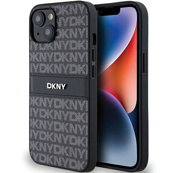 DKNY Leder-Monostreifen- Metall-Logo-Hülle iPhone 15/14/13 – Schwarz