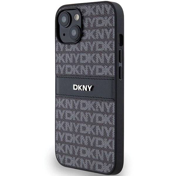 DKNY Lederhülle Monostreifen Metalllogo iPhone 15/14/13 – Schwarz