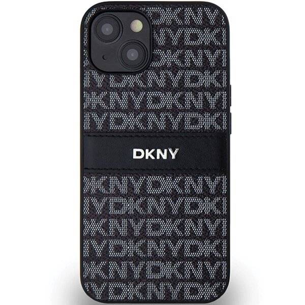 DKNY Leder-Monostreifen- Metall-Logo-Hülle iPhone 15 Plus / 14 – Schwarz