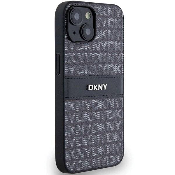 DKNY Lederhülle Monostreifen Metalllogo iPhone 15/14/13 – Schwarz
