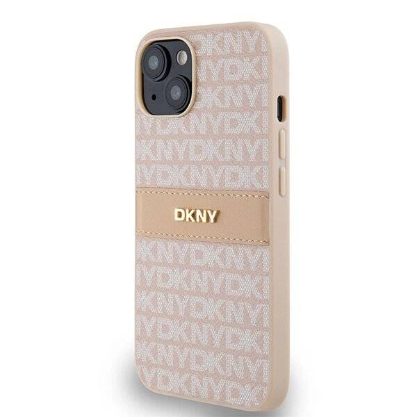 DKNY Lederhülle Monostreifen Metalllogo iPhone 15 / 14 13 – Rosa