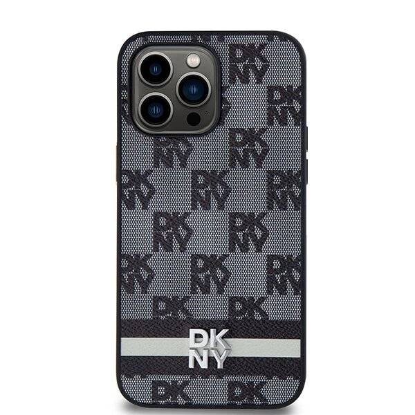 DKNY Lederhülle kariertem Monomuster bedruckten Streifen iPhone 14 Pro Max – Schwarz