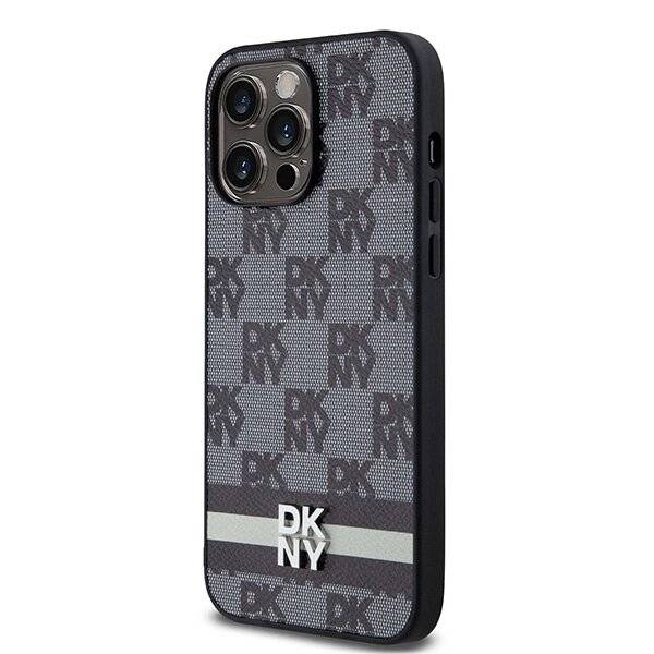 DKNY Lederhülle kariertem Monomuster bedruckten Streifen iPhone 14 Pro Max – Schwarz