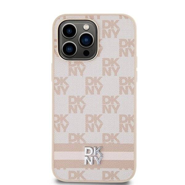 DKNY Lederhülle kariertem Monomuster bedruckten Streifen iPhone 14 Pro Max – Rosa