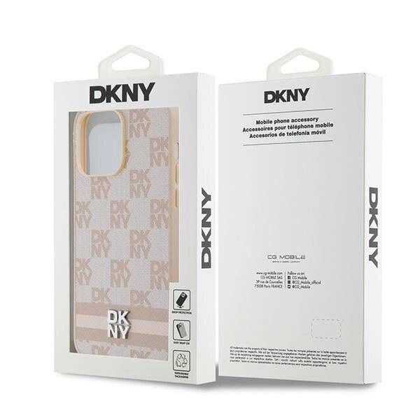 DKNY Lederhülle kariertem Monomuster bedruckten Streifen iPhone 14 Pro Max – Rosa