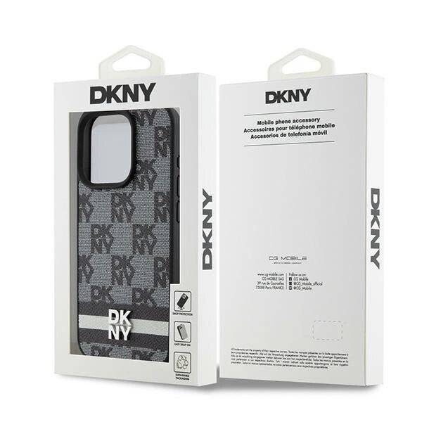 DKNY iPhone 15 Pro-Hülle Leder kariertem Monomuster bedruckten Streifen – Schwarz