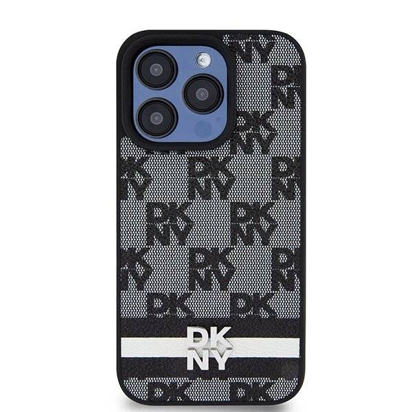 DKNY Lederhülle kariertem Monomuster bedruckten Streifen iPhone 15 Pro Max – Schwarz