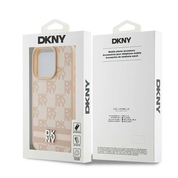 DKNY Lederhülle kariertem Monomuster bedruckten Streifen iPhone 15 Pro – Rosa