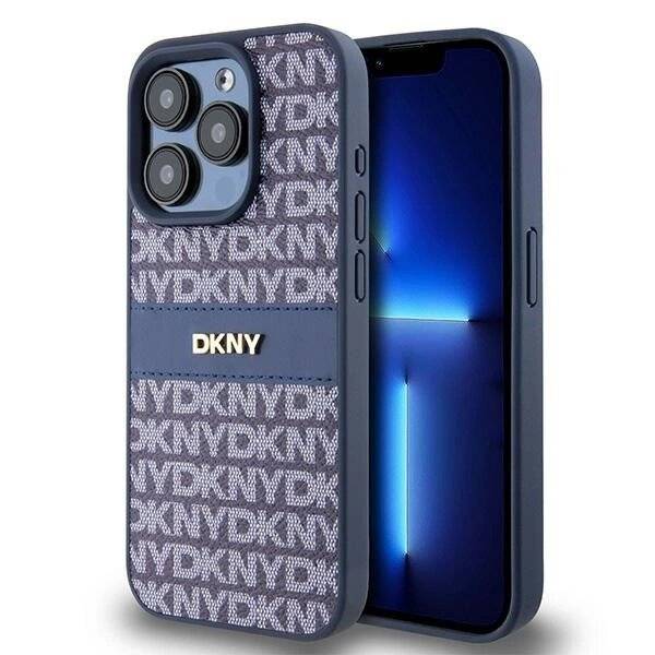 DKNY Lederhülle Monostreifen Metalllogo iPhone 15 Pro – Blau