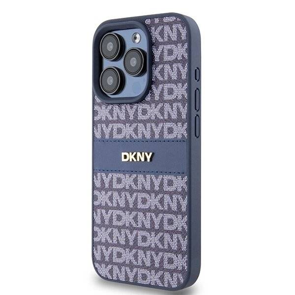 DKNY Lederhülle Monostreifen Metalllogo iPhone 15 Pro – Blau