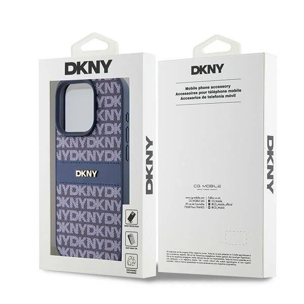 DKNY Lederhülle Monostreifen Metalllogo iPhone 15 Pro – Blau