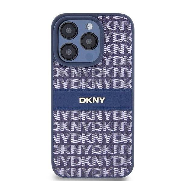 DKNY Lederhülle Monostreifen Metalllogo iPhone 15 Pro – Blau