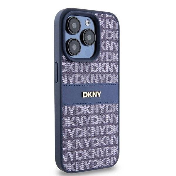 DKNY Lederhülle Monostreifen Metalllogo iPhone 15 Pro – Blau