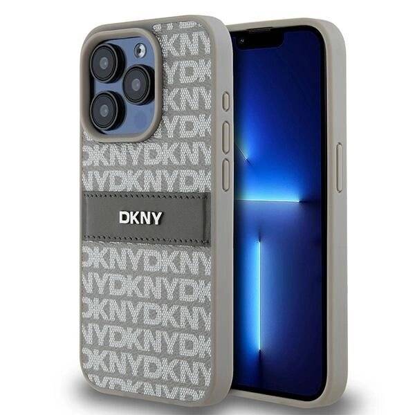 DKNY Lederhülle Monostreifen Metalllogo iPhone 15 Pro Max – Beige