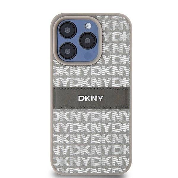 DKNY Lederhülle Monostreifen Metalllogo iPhone 15 Pro – Beige