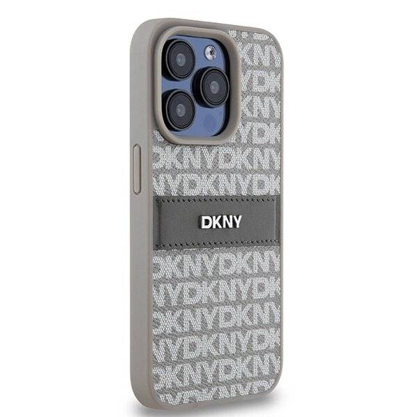 DKNY Lederhülle Monostreifen Metalllogo iPhone 15 Pro – Beige