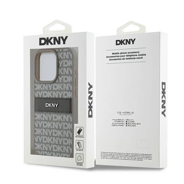 DKNY Lederhülle Monostreifen Metalllogo iPhone 15 Pro – Beige