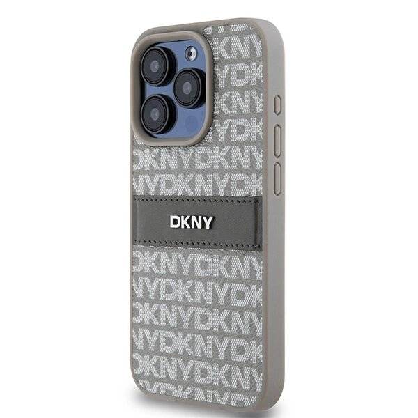 DKNY Lederhülle Monostreifen Metalllogo iPhone 15 Pro – Beige