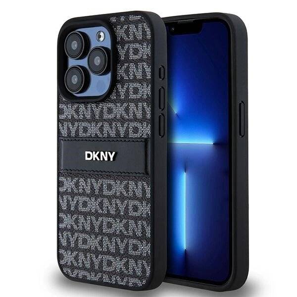 DKNY Lederhülle Monostreifen Metalllogo iPhone 15 Pro – Schwarz