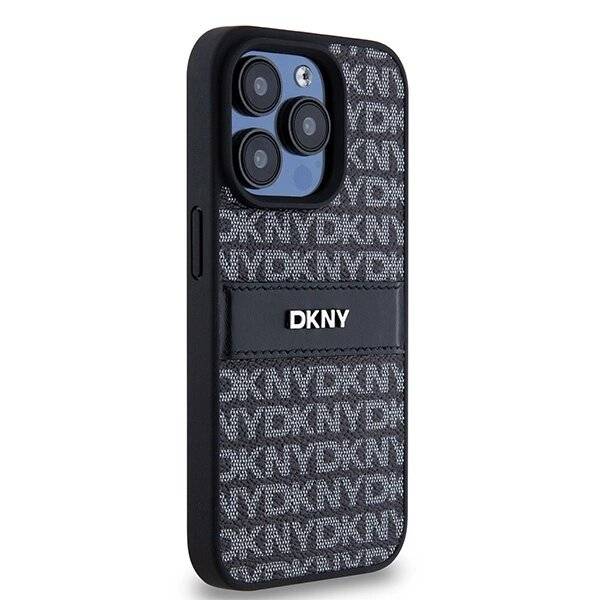 DKNY Lederhülle Monostreifen Metalllogo iPhone 15 Pro – Schwarz