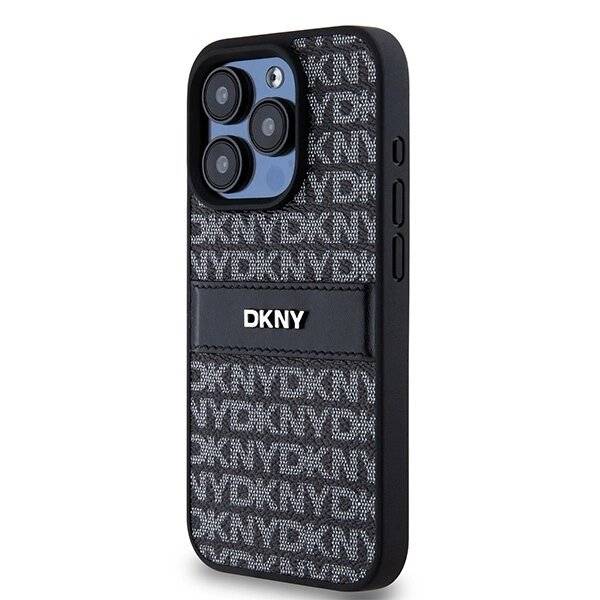 DKNY Lederhülle Monostreifen Metalllogo iPhone 15 Pro Max – Schwarz