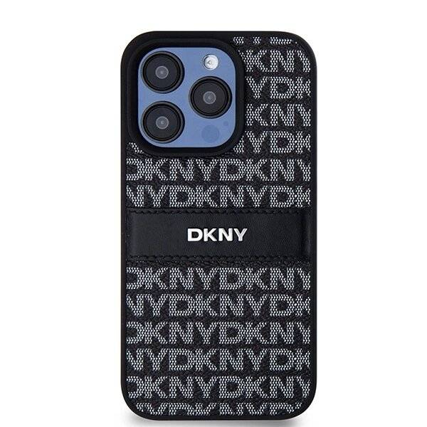 DKNY Lederhülle Monostreifen Metalllogo iPhone 15 Pro Max – Schwarz