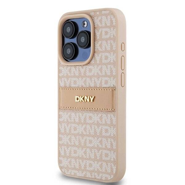 DKNY Lederhülle Monostreifen Metalllogo iPhone 15 Pro – Rosa