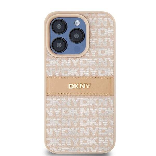 DKNY Lederhülle Monostreifen Metalllogo iPhone 15 Pro – Rosa