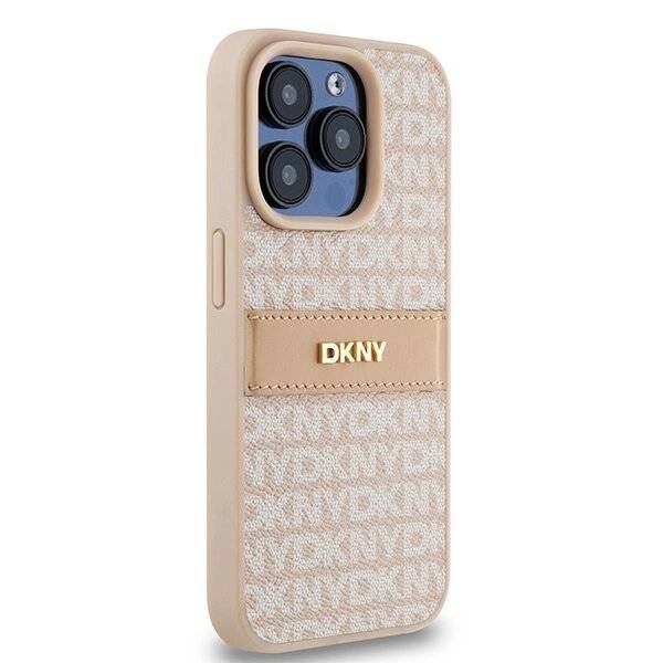 DKNY Lederhülle Monostreifen Metalllogo iPhone 15 Pro – Rosa