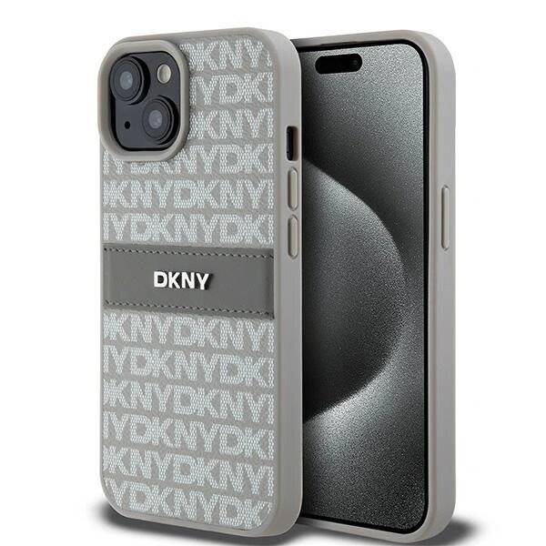 DKNY Lederhülle Monostreifen Metalllogo iPhone 15 / 14 13 – Beige