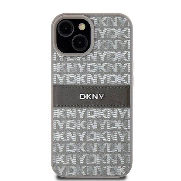 DKNY Lederhülle Monostreifen Metalllogo iPhone 15 Plus / 14 – Beige