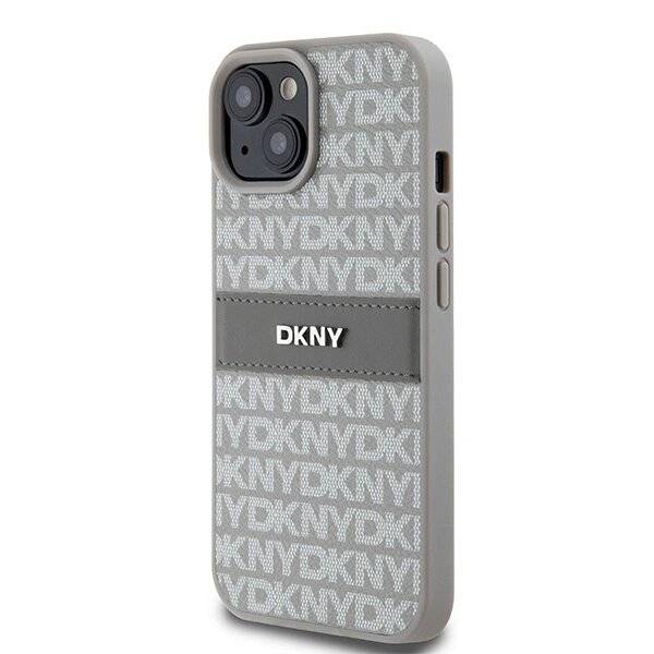 DKNY Lederhülle Monostreifen Metalllogo iPhone 15 Plus / 14 – Beige