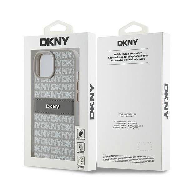 DKNY Lederhülle Monostreifen Metalllogo iPhone 15 Plus / 14 – Beige