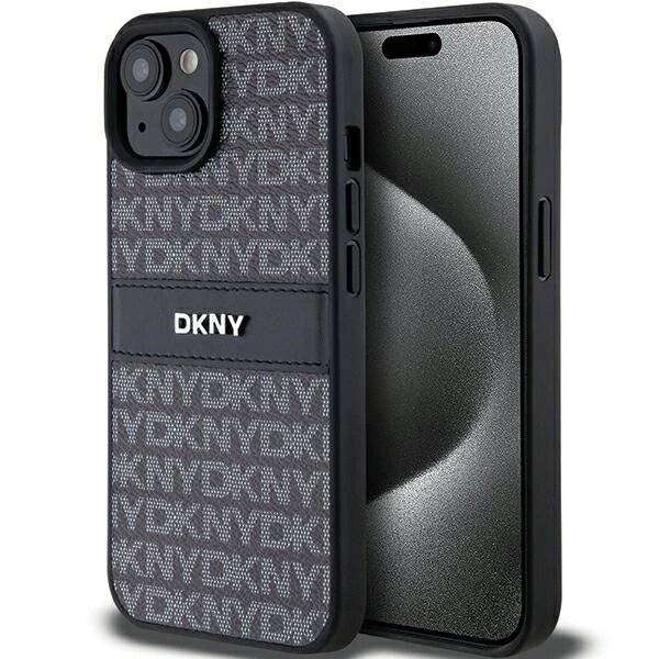 DKNY Leder-Monostreifen- Metall-Logo-Hülle iPhone 15 Plus / 14 – Schwarz