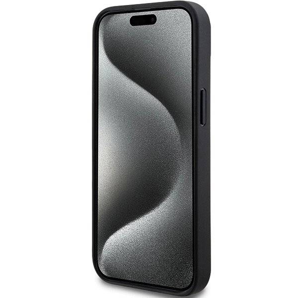 DKNY Leder-Monostreifen- Metall-Logo-Hülle iPhone 15 Plus / 14 – Schwarz