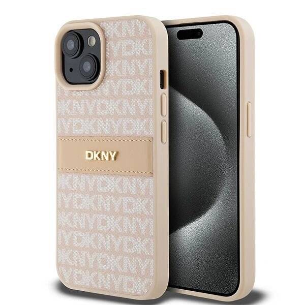 DKNY Leder-Monostreifen- Metall-Logo-Hülle iPhone 15 Plus / 14 – Pink