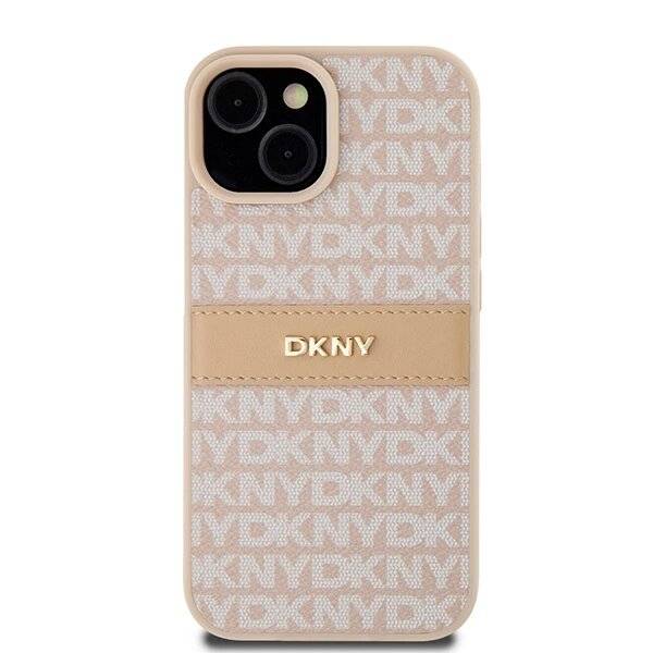 DKNY Leder-Monostreifen- Metall-Logo-Hülle iPhone 15 Plus / 14 – Pink