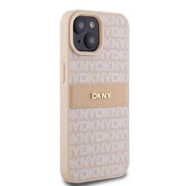 DKNY Lederhülle Monostreifen Metalllogo iPhone 15 / 14 13 – Rosa