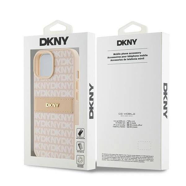 DKNY Leder-Monostreifen- Metall-Logo-Hülle iPhone 15 Plus / 14 – Pink