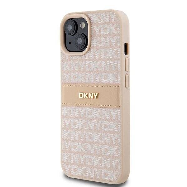 DKNY Leder-Monostreifen- Metall-Logo-Hülle iPhone 15 Plus / 14 – Pink